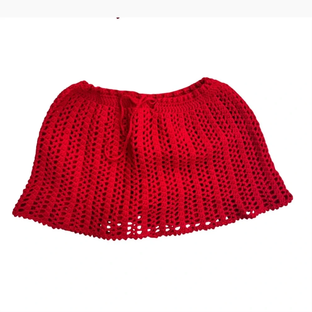 Red Crochet 2 Piece Set Vest and Mini Skirt Boho Festival Summer Outfit Small